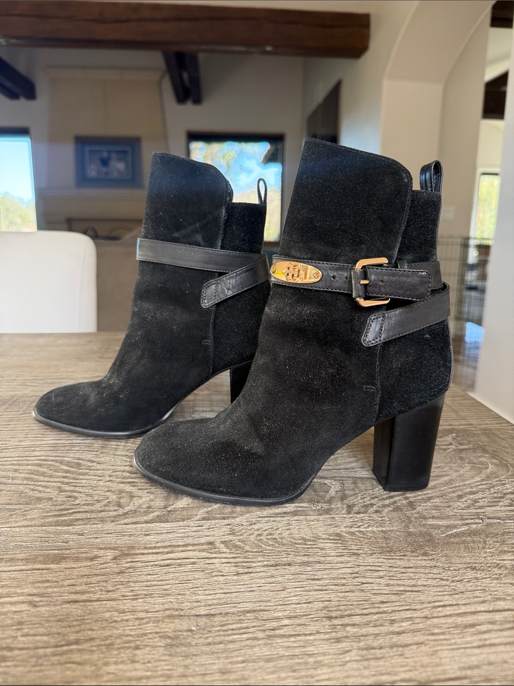Tory Burch Black Suede Ankle Boots with Gold-Tone Buckle
